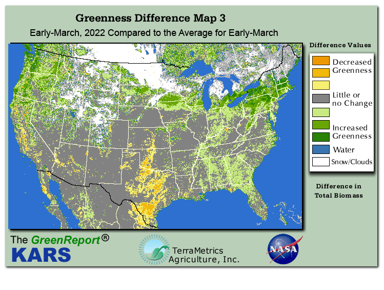 Color-coded U.S. vegetation greeness index map for Period 11 of 2022, illustrating spatial variations in plant vigor, with greener tones indicating higher biomass and browner tones indicating stressed vegetation,
              comparing current crop/vegetation change in biomass to the 20-year greenness average.