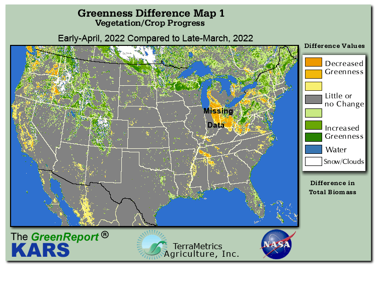 Color-coded U.S. vegetation greeness index map for Period 14 of 2022, illustrating spatial variations in plant vigor, with greener tones indicating higher biomass and browner tones indicating stressed vegetation,
              comparing current crop/vegetation change in biomass to the previous week within the same year.