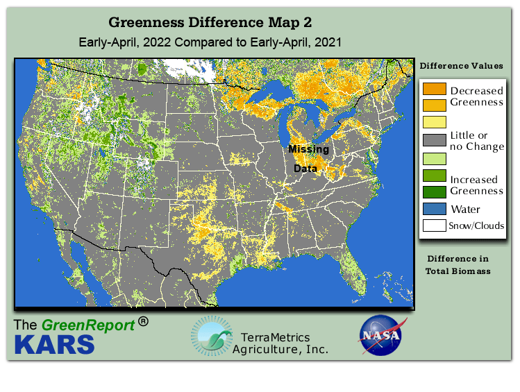Color-coded U.S. vegetation greeness index map for Period 14 of 2022, illustrating spatial variations in plant vigor, with greener tones indicating higher biomass and browner tones indicating stressed vegetation,
              comparing current crop/vegetation change in biomass to same period from the previous year.