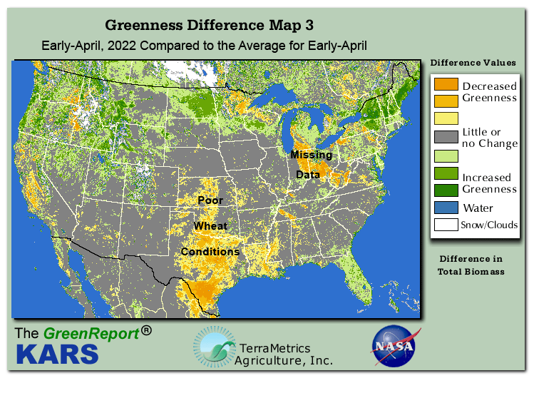 Color-coded U.S. vegetation greeness index map for Period 14 of 2022, illustrating spatial variations in plant vigor, with greener tones indicating higher biomass and browner tones indicating stressed vegetation,
              comparing current crop/vegetation change in biomass to the 20-year greenness average.