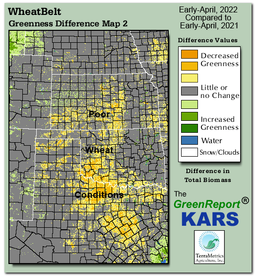 Color-coded Wheat Belt vegetation greeness index map for Period 14 of 2022, illustrating spatial variations in plant vigor, with greener tones indicating higher biomass and browner tones indicating stressed vegetation,
              comparing current crop/vegetation change in biomass to same period from the previous year.