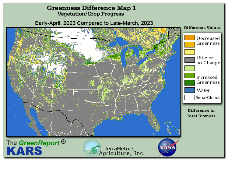 Color-coded U.S. vegetation greeness index map for Period 14 of 2023, illustrating spatial variations in plant vigor, with greener tones indicating higher biomass and browner tones indicating stressed vegetation,
              comparing current crop/vegetation change in biomass to the previous week within the same year.