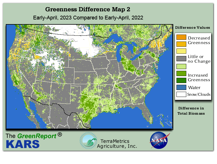 Color-coded U.S. vegetation greeness index map for Period 14 of 2023, illustrating spatial variations in plant vigor, with greener tones indicating higher biomass and browner tones indicating stressed vegetation,
              comparing current crop/vegetation change in biomass to same period from the previous year.