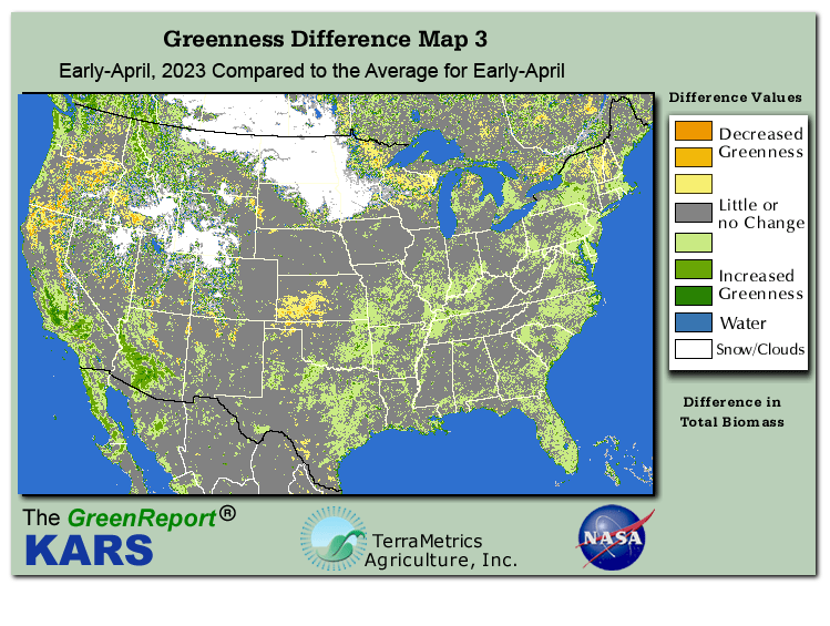 Color-coded U.S. vegetation greeness index map for Period 14 of 2023, illustrating spatial variations in plant vigor, with greener tones indicating higher biomass and browner tones indicating stressed vegetation,
              comparing current crop/vegetation change in biomass to the 20-year greenness average.