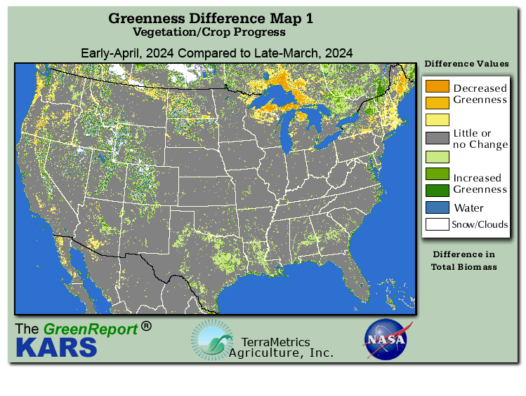 Color-coded U.S. vegetation greeness index map for Period 14 of 2024, illustrating spatial variations in plant vigor, with greener tones indicating higher biomass and browner tones indicating stressed vegetation,
              comparing current crop/vegetation change in biomass to the previous week within the same year.