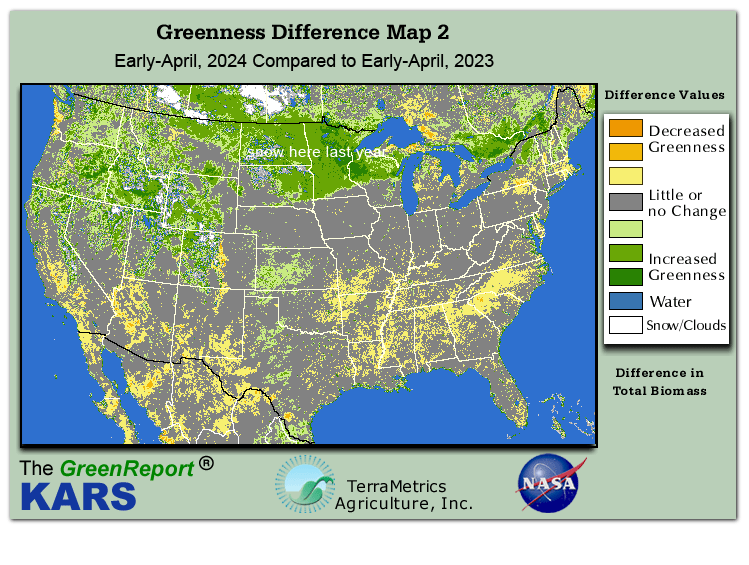 Color-coded U.S. vegetation greeness index map for Period 14 of 2024, illustrating spatial variations in plant vigor, with greener tones indicating higher biomass and browner tones indicating stressed vegetation,
              comparing current crop/vegetation change in biomass to same period from the previous year.