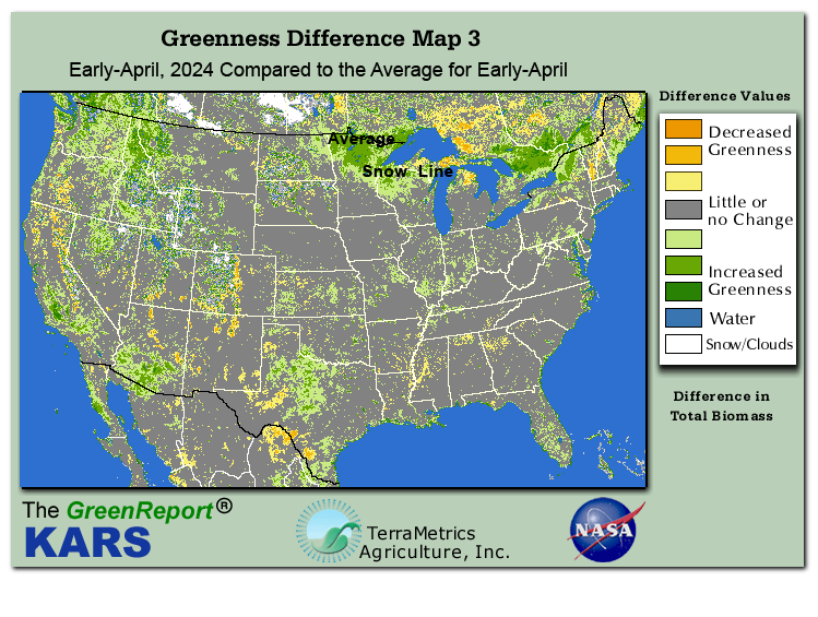 Color-coded U.S. vegetation greeness index map for Period 14 of 2024, illustrating spatial variations in plant vigor, with greener tones indicating higher biomass and browner tones indicating stressed vegetation,
              comparing current crop/vegetation change in biomass to the 20-year greenness average.