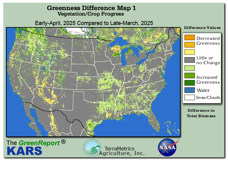 Color-coded U.S. vegetation greeness index map for Period 14 of 2025, illustrating spatial variations in plant vigor, with greener tones indicating higher biomass and browner tones indicating stressed vegetation,
              comparing current crop/vegetation change in biomass to the previous week within the same year.