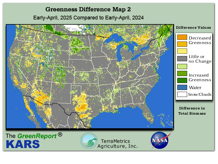 Color-coded U.S. vegetation greeness index map for Period 14 of 2025, illustrating spatial variations in plant vigor, with greener tones indicating higher biomass and browner tones indicating stressed vegetation,
              comparing current crop/vegetation change in biomass to same period from the previous year.