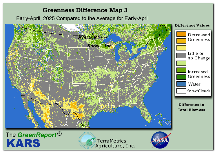 Color-coded U.S. vegetation greeness index map for Period 14 of 2025, illustrating spatial variations in plant vigor, with greener tones indicating higher biomass and browner tones indicating stressed vegetation,
              comparing current crop/vegetation change in biomass to the 20-year greenness average.
