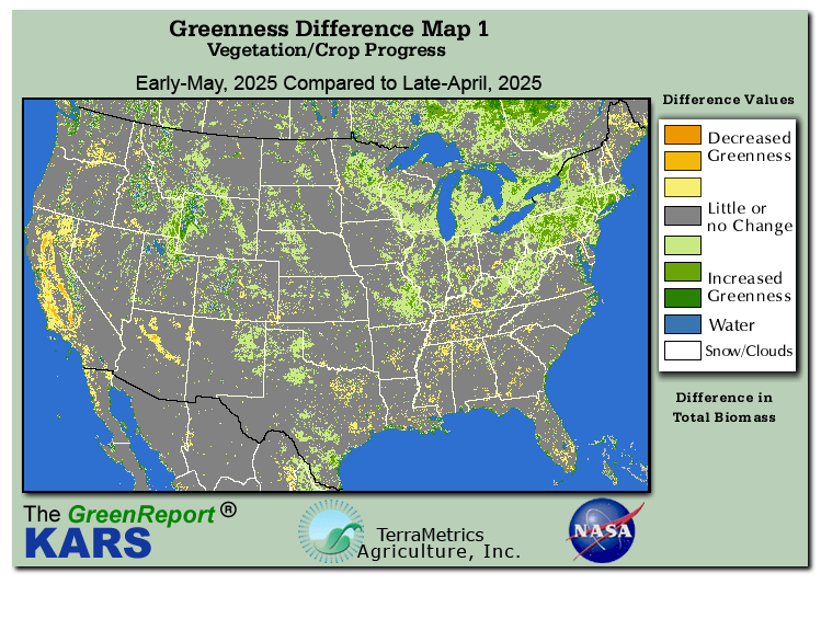Color-coded U.S. vegetation greeness index map for Period 19 of 2025, illustrating spatial variations in plant vigor, with greener tones indicating higher biomass and browner tones indicating stressed vegetation,
              comparing current crop/vegetation change in biomass to the previous week within the same year.