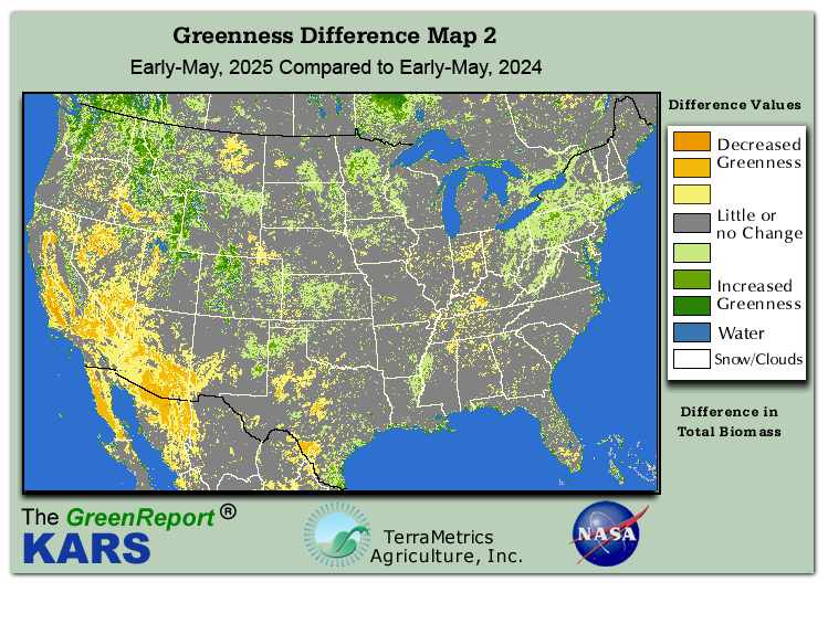 Color-coded U.S. vegetation greeness index map for Period 19 of 2025, illustrating spatial variations in plant vigor, with greener tones indicating higher biomass and browner tones indicating stressed vegetation,
              comparing current crop/vegetation change in biomass to same period from the previous year.