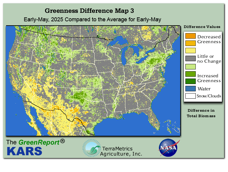 Color-coded U.S. vegetation greeness index map for Period 19 of 2025, illustrating spatial variations in plant vigor, with greener tones indicating higher biomass and browner tones indicating stressed vegetation,
              comparing current crop/vegetation change in biomass to the 20-year greenness average.