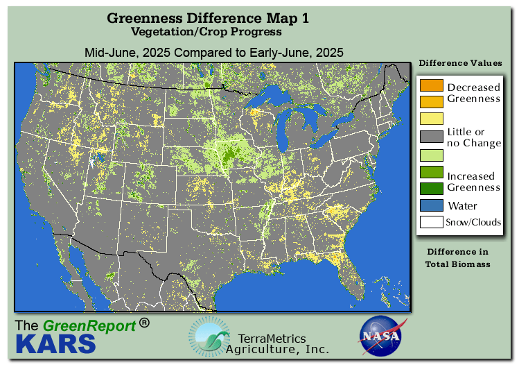 Color-coded U.S. vegetation greeness index map for Period 24 of 2025, illustrating spatial variations in plant vigor, with greener tones indicating higher biomass and browner tones indicating stressed vegetation,
              comparing current crop/vegetation change in biomass to the previous week within the same year.