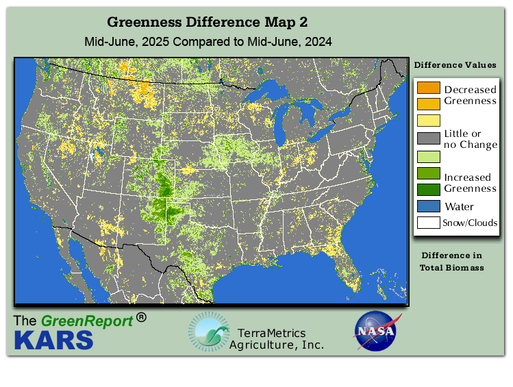 Color-coded U.S. vegetation greeness index map for Period 24 of 2025, illustrating spatial variations in plant vigor, with greener tones indicating higher biomass and browner tones indicating stressed vegetation,
              comparing current crop/vegetation change in biomass to same period from the previous year.