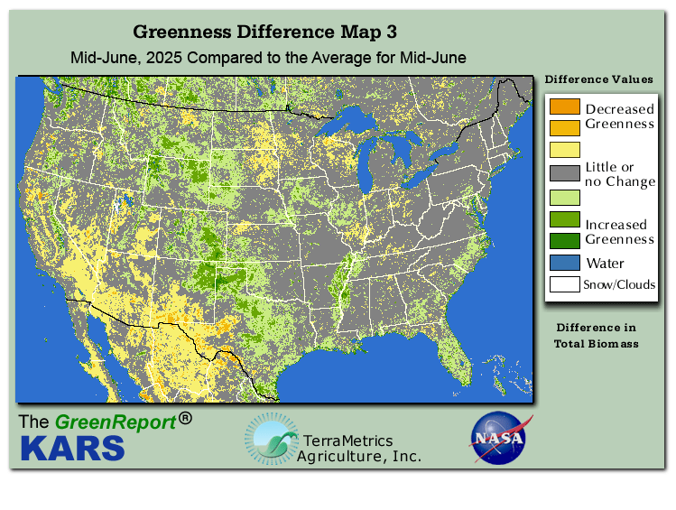 Color-coded U.S. vegetation greeness index map for Period 24 of 2025, illustrating spatial variations in plant vigor, with greener tones indicating higher biomass and browner tones indicating stressed vegetation,
              comparing current crop/vegetation change in biomass to the 20-year greenness average.