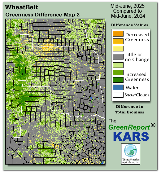 Color-coded Wheat Belt vegetation greeness index map for Period 24 of 2025, illustrating spatial variations in plant vigor, with greener tones indicating higher biomass and browner tones indicating stressed vegetation,
              comparing current crop/vegetation change in biomass to same period from the previous year.