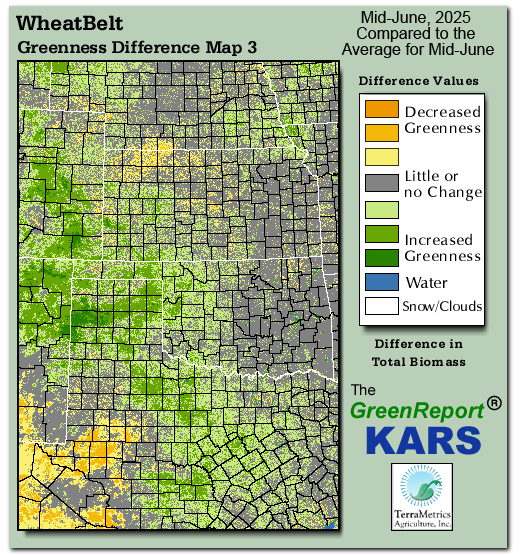 Color-coded Wheat Belt vegetation greeness index map for Period 24 of 2025, illustrating spatial variations in plant vigor, with greener tones indicating higher biomass and browner tones indicating stressed vegetation,
              comparing current crop/vegetation change in biomass to the 20-year greenness average.