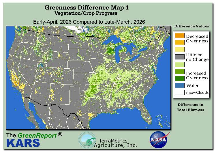 Color-coded U.S. vegetation greeness index map for Period 14 of 2026, illustrating spatial variations in plant vigor, with greener tones indicating higher biomass and browner tones indicating stressed vegetation, comparing current crop/vegetation change in biomass to the previous week within the same year.
