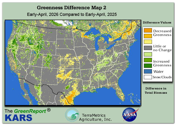 Color-coded U.S. vegetation greeness index map for Period 14 of 2026, illustrating spatial variations in plant vigor, with greener tones indicating higher biomass and browner tones indicating stressed vegetation, comparing current crop/vegetation change in biomass to same period from the previous year.