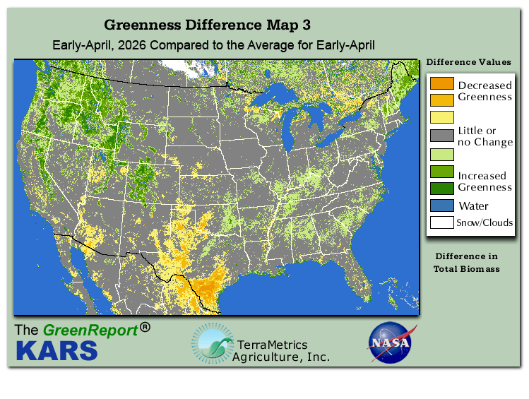 Color-coded U.S. vegetation greeness index map for Period 14 of 2026, illustrating spatial variations in plant vigor, with greener tones indicating higher biomass and browner tones indicating stressed vegetation, comparing current crop/vegetation change in biomass to the 20-year greenness average.